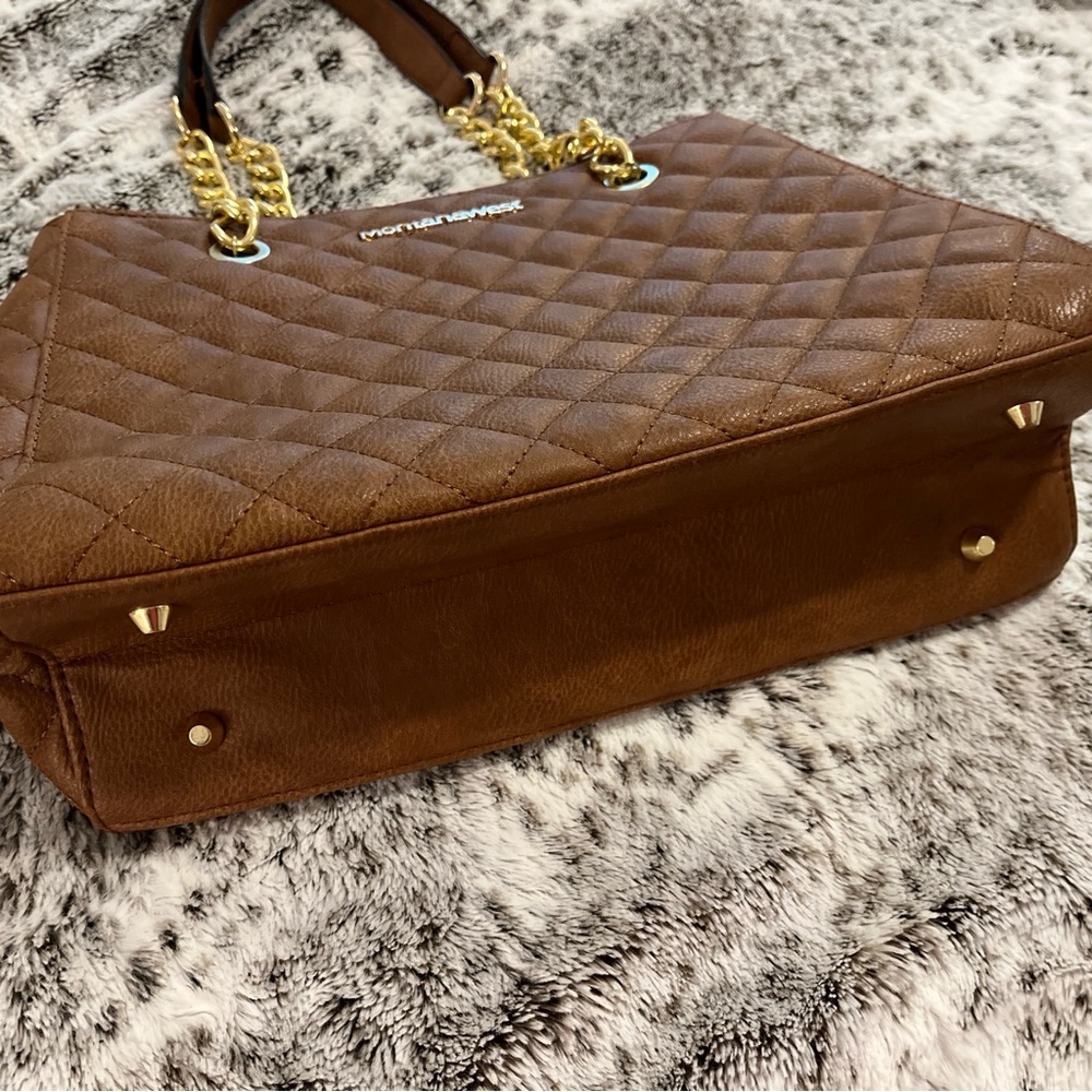 Montana West Quilted Brown Shoulder Tote with Gold Chain Straps